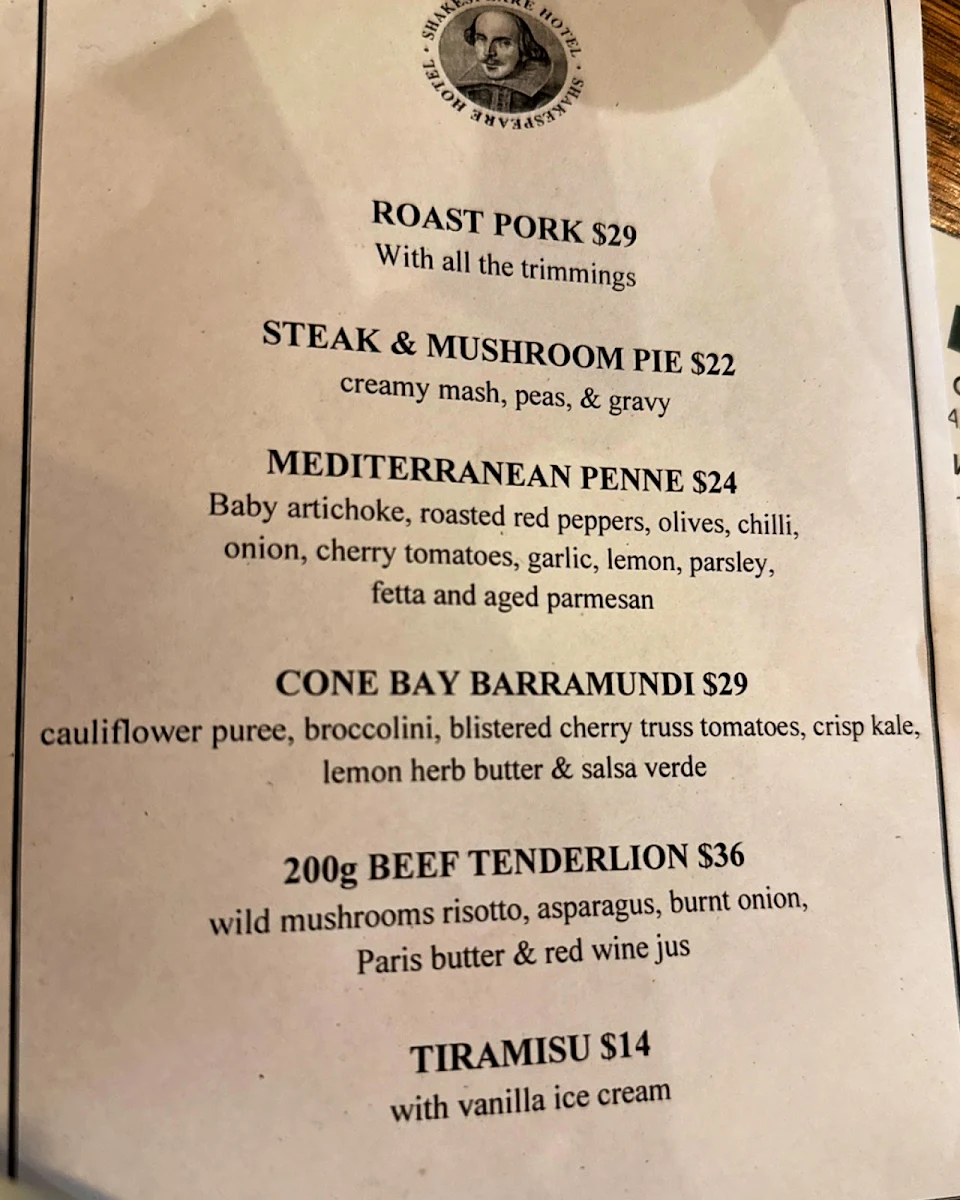 Menu, Shakespeare Hotel