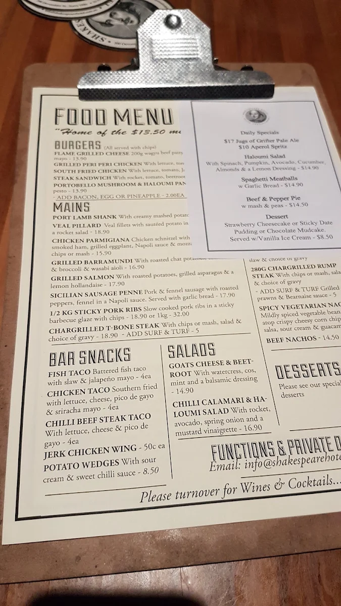 Menu, Shakespeare Hotel