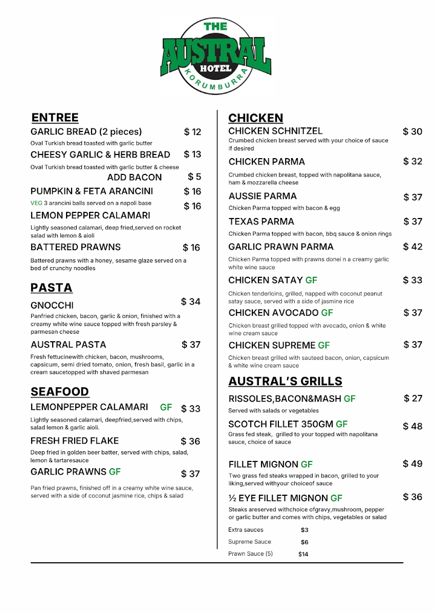 Menu, Austral Hotel