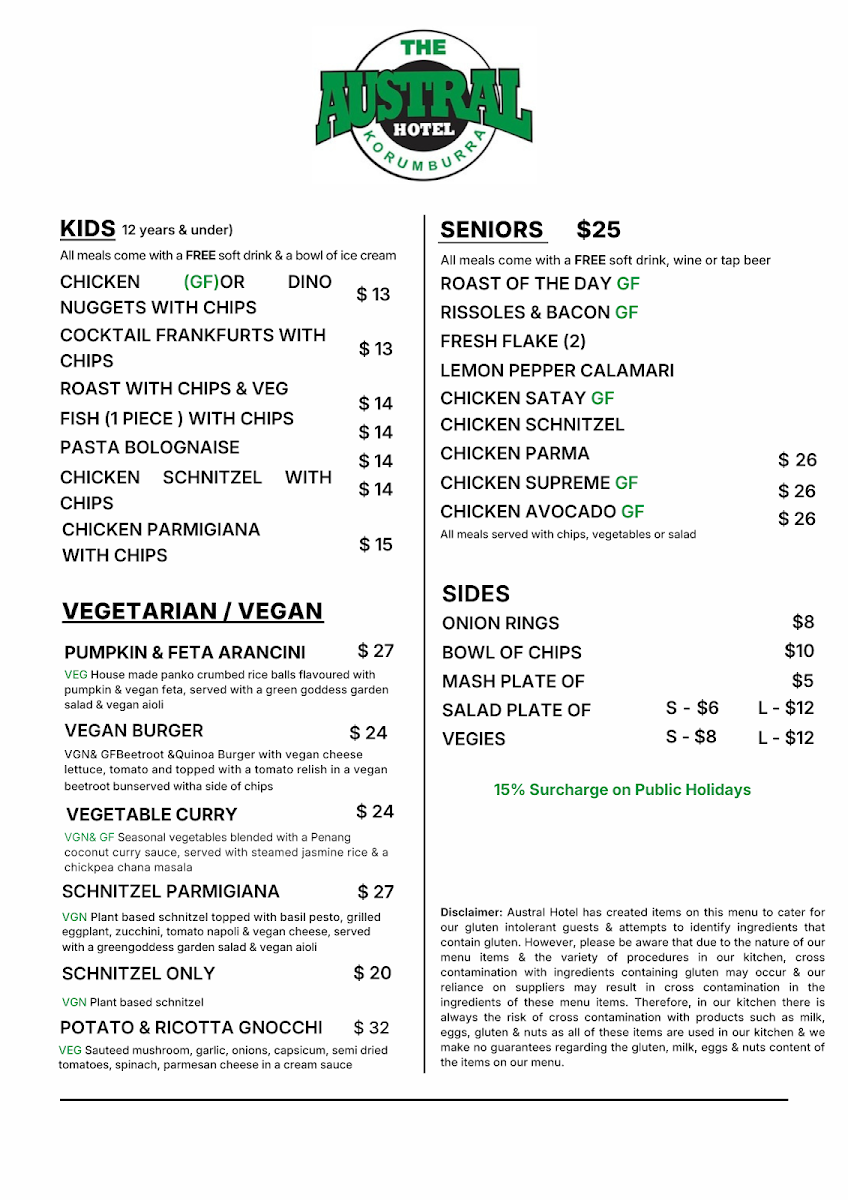 Menu, Austral Hotel