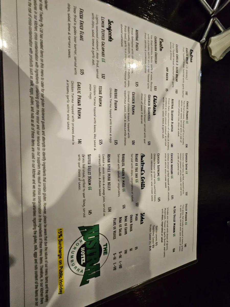 Menu, Austral Hotel