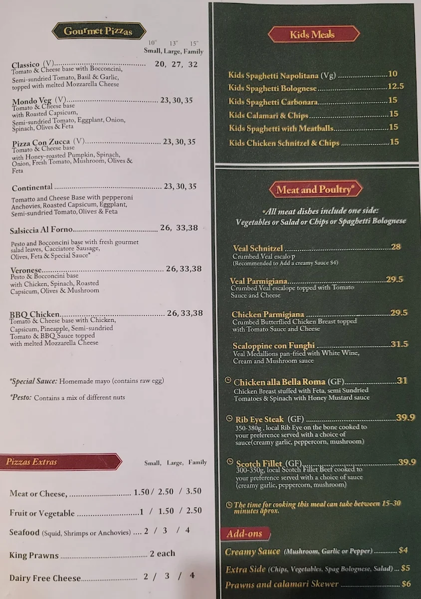 Menu, Pizza Bella Roma