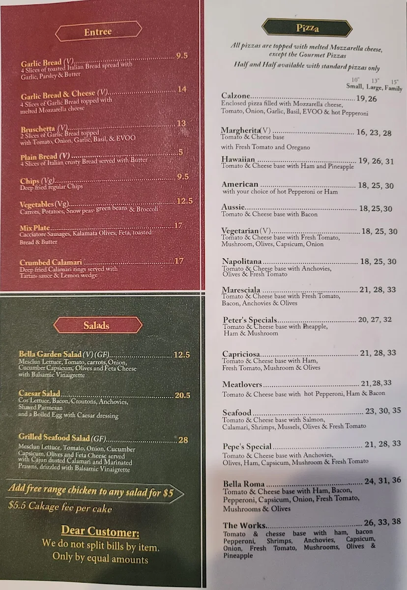 Menu, Pizza Bella Roma