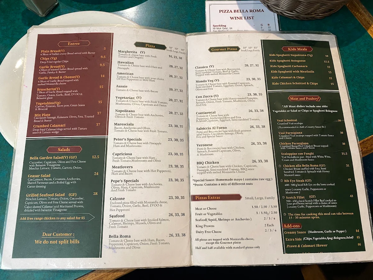 Menu, Pizza Bella Roma