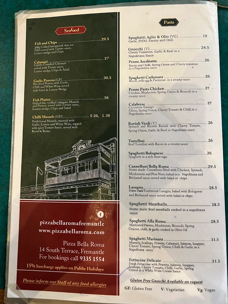 Menu, Pizza Bella Roma