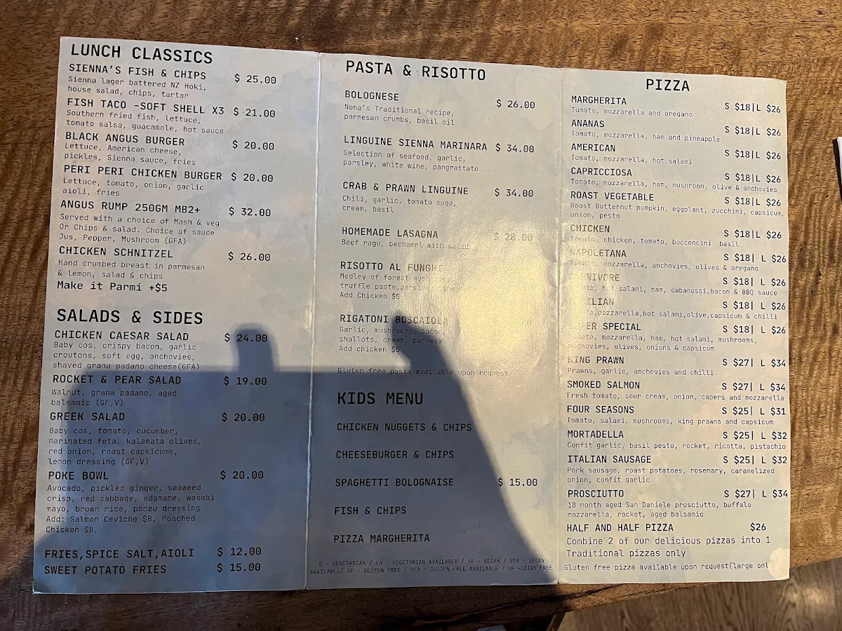 Menu, Sienna Marina