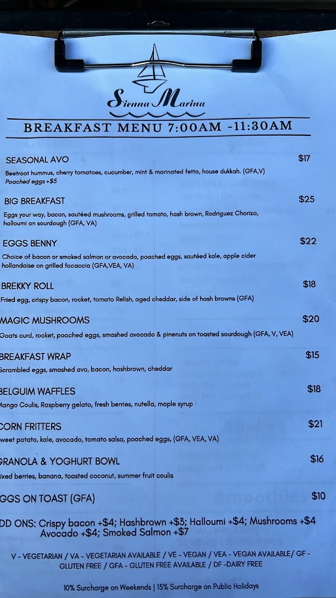 Menu, Sienna Marina