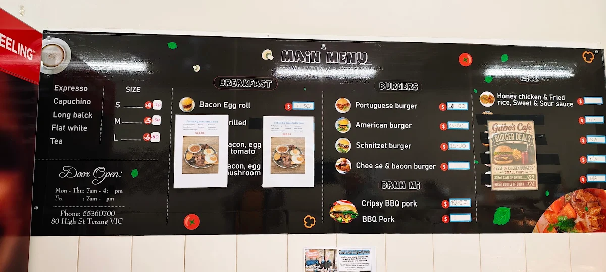 Menu, Gilbo's cafe and takeaway