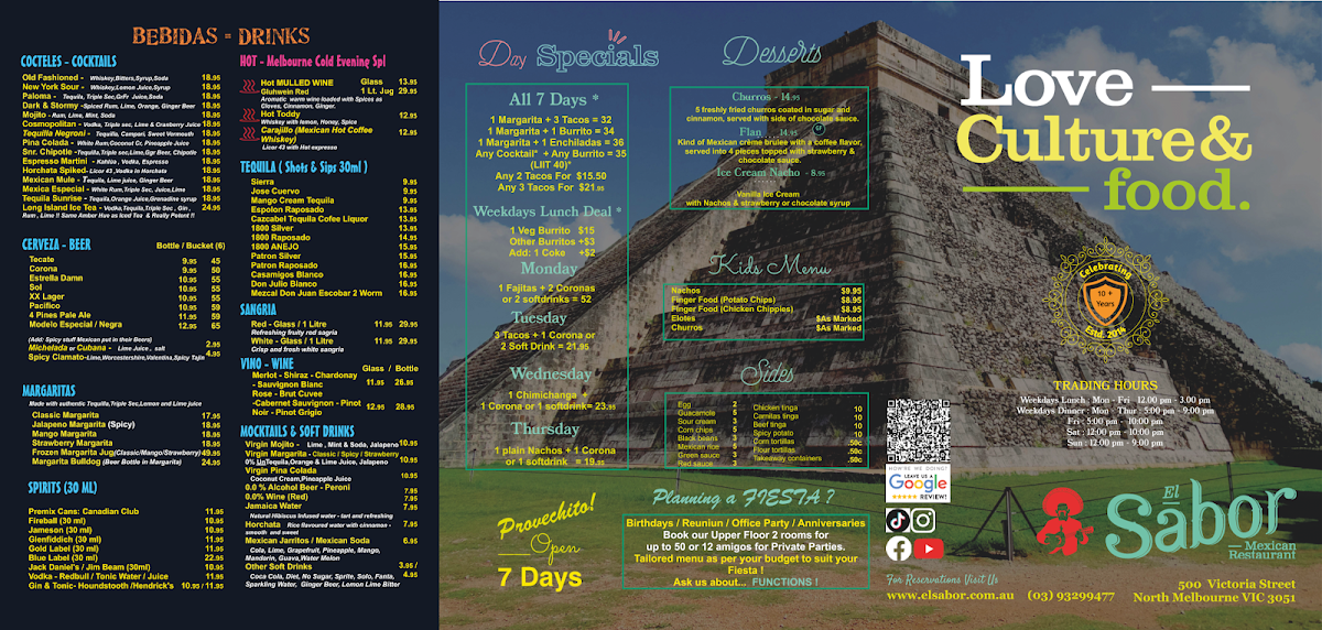 Menu, El Sabor - Mexican Restaurant