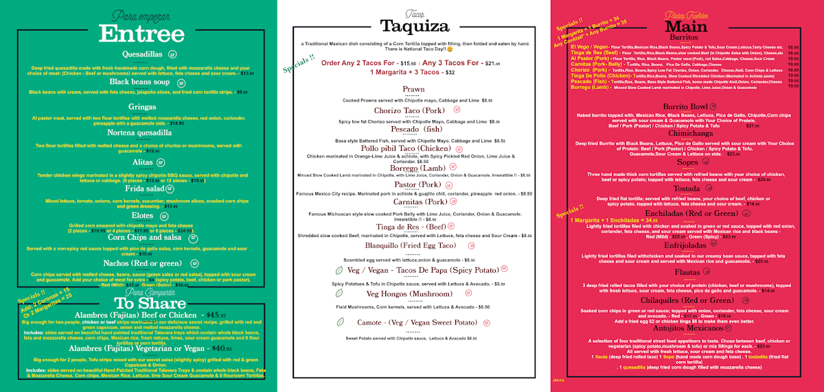 Menu, El Sabor - Mexican Restaurant