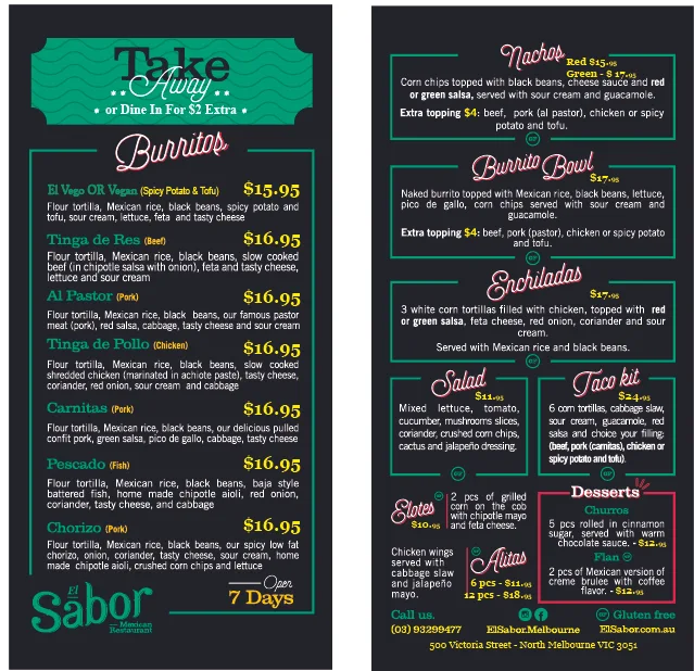 Menu, El Sabor - Mexican Restaurant