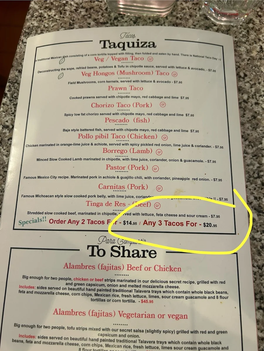 Menu, El Sabor - Mexican Restaurant