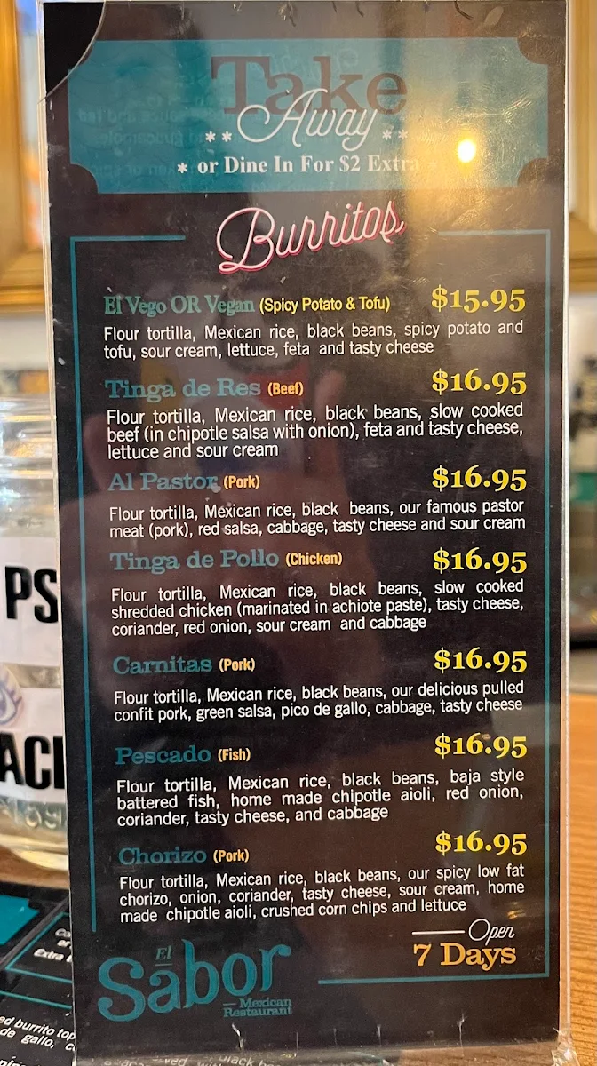 Menu, El Sabor - Mexican Restaurant