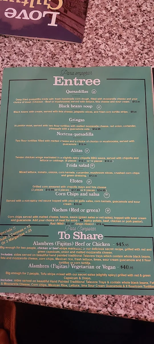 Menu, El Sabor - Mexican Restaurant