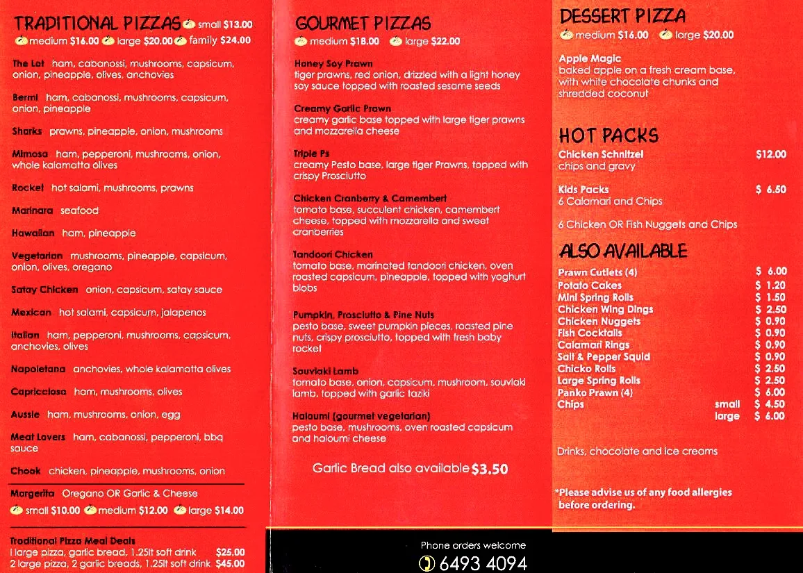Menu, Bermagui Pizza & Take Away