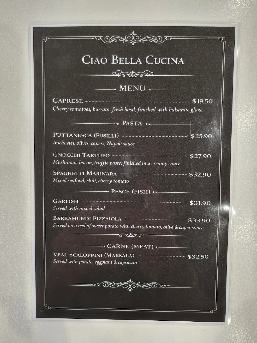 Menu, Ciao Bella Cucina