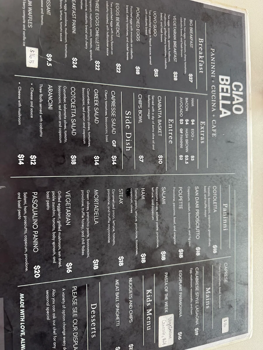 Menu, Ciao Bella Cucina