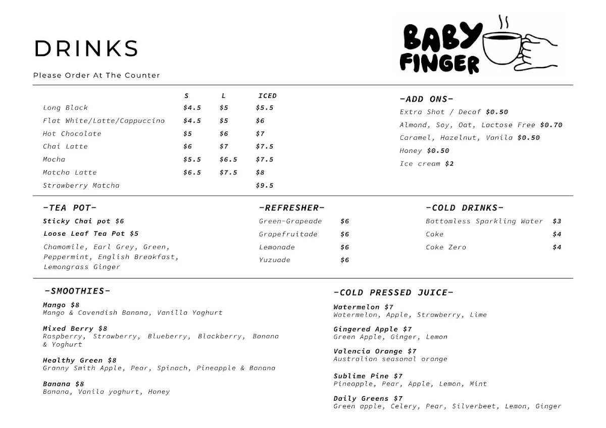 Menu, Cafe Baby Finger