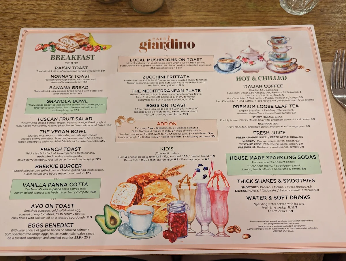 Menu, Cafe Giardino