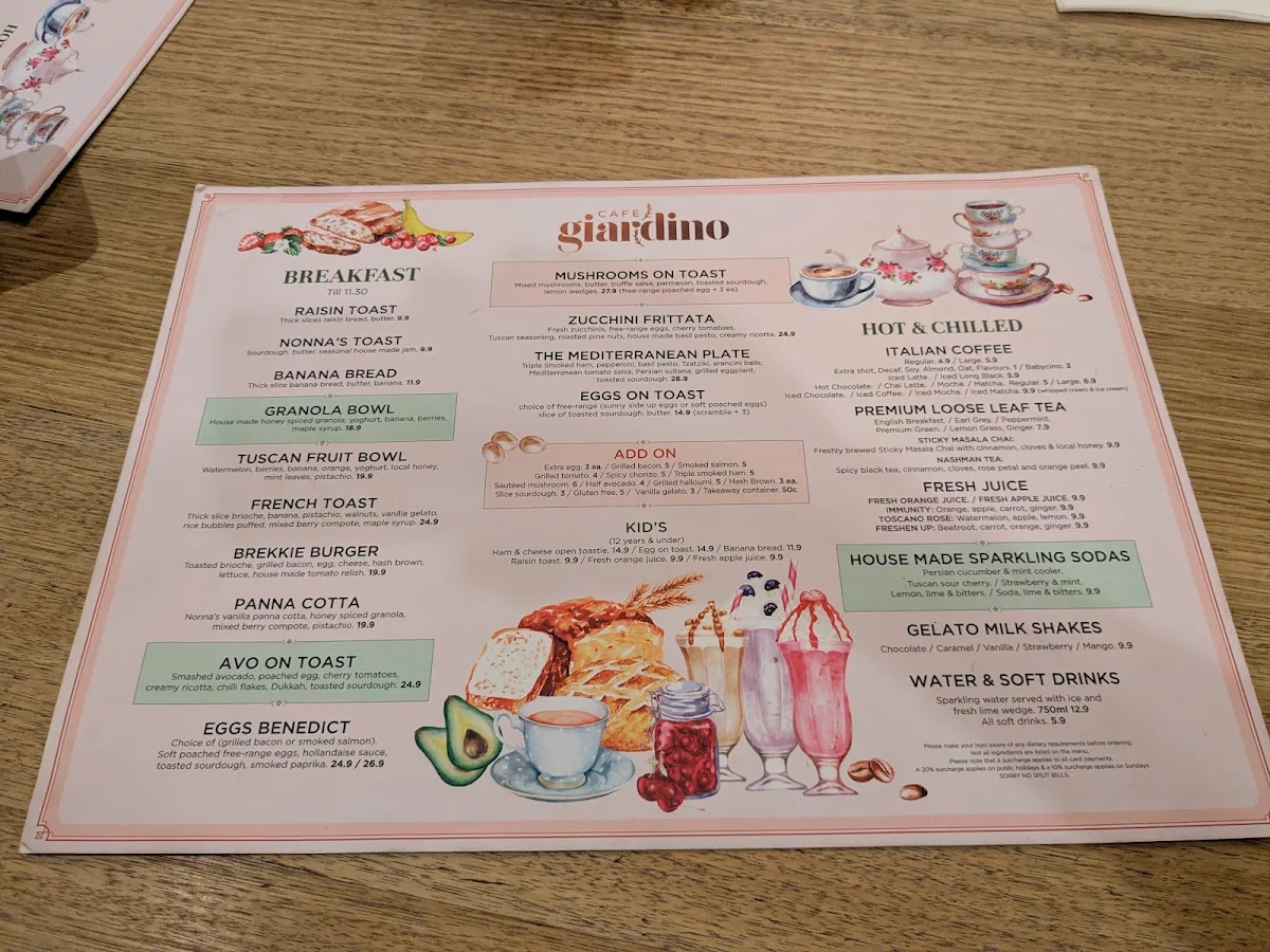 Menu, Cafe Giardino