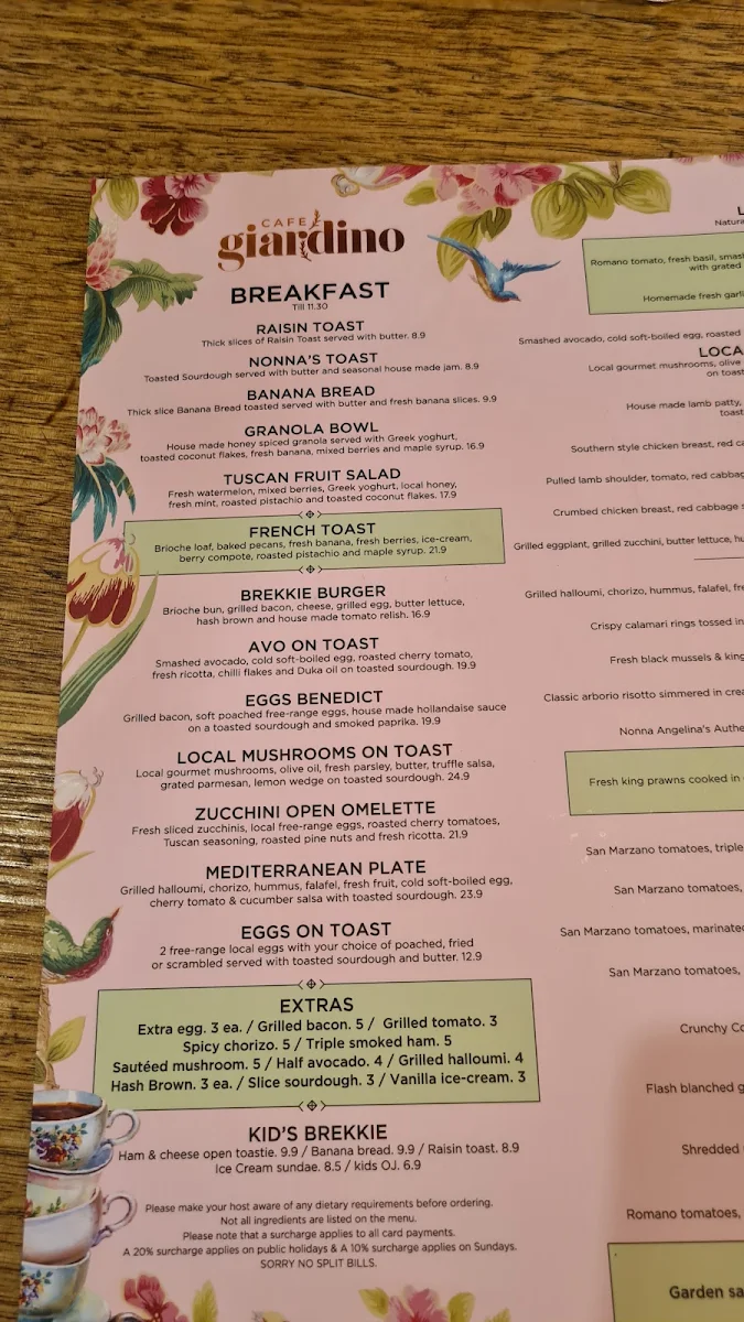 Menu, Cafe Giardino