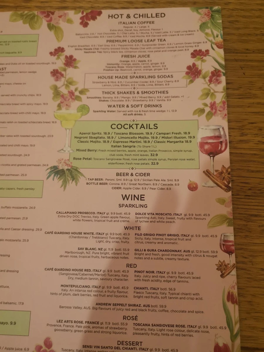Menu, Cafe Giardino