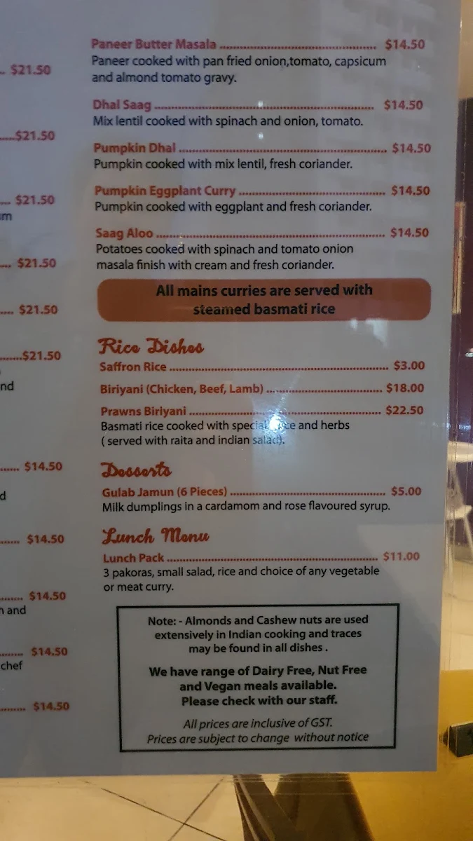 Menu, Swagat Indian Restaurant