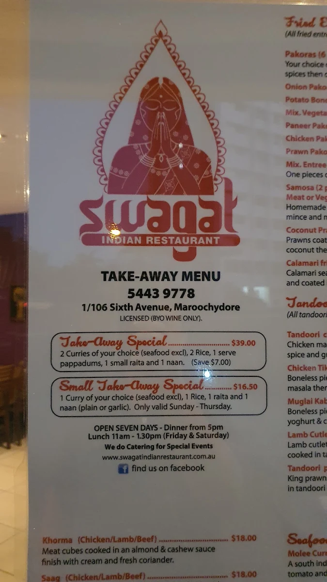 Menu, Swagat Indian Restaurant