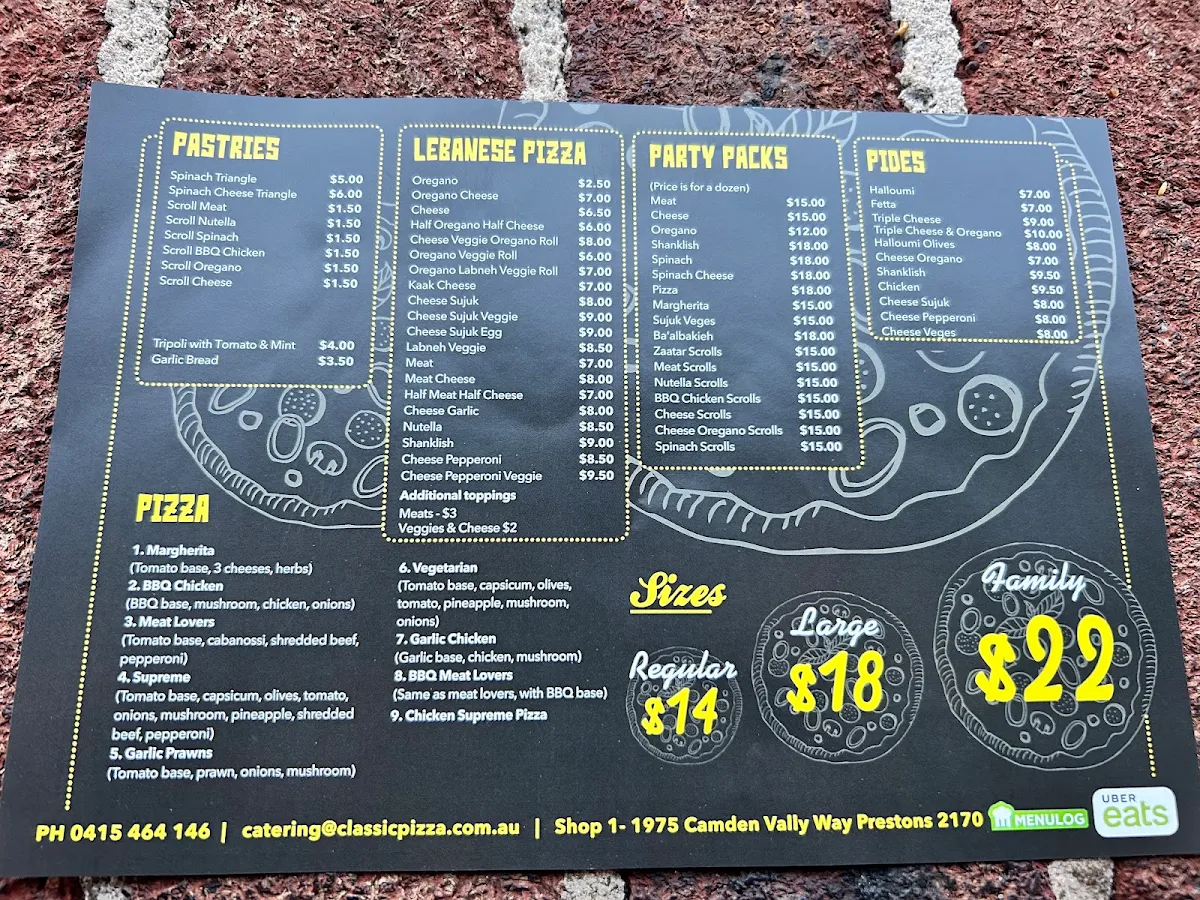 Menu, Classic Manoosh and Pizza Prestons