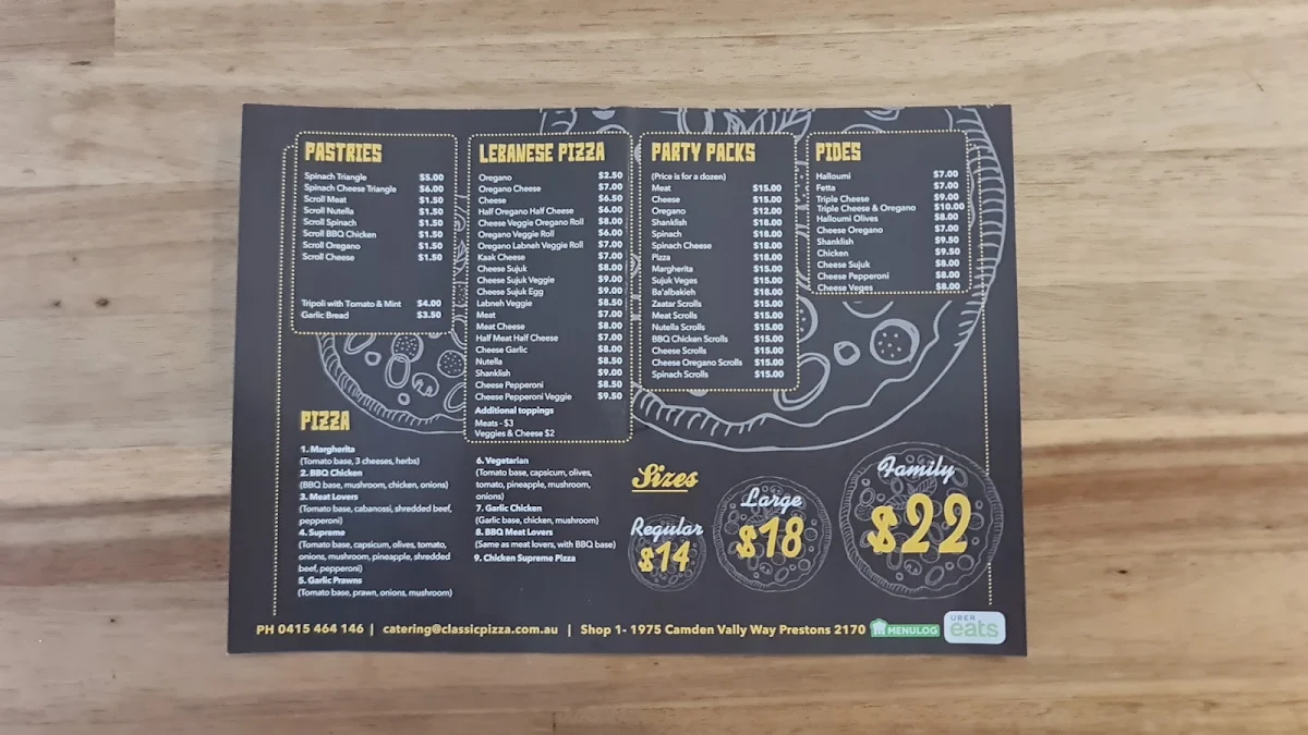 Menu, Classic Manoosh and Pizza Prestons