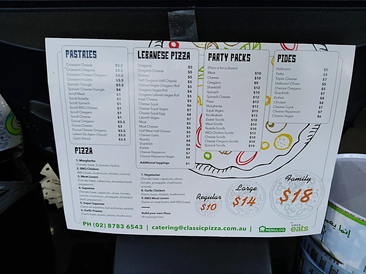 Menu, Classic Manoosh and Pizza Prestons
