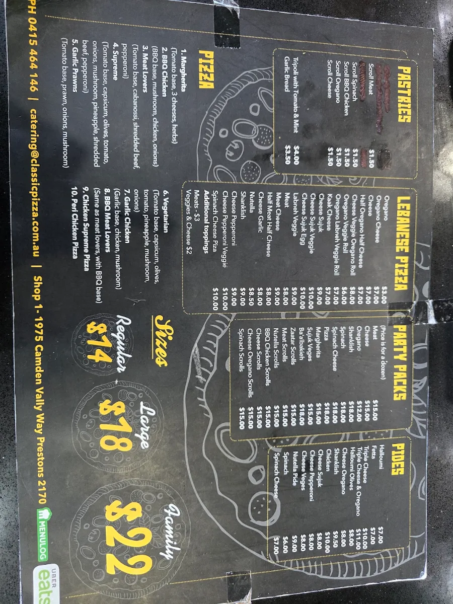 Menu, Classic Manoosh and Pizza Prestons