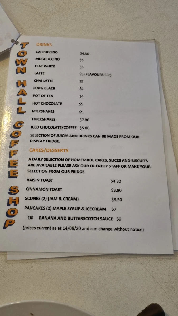 Menu, Town Hall Coffee Shop