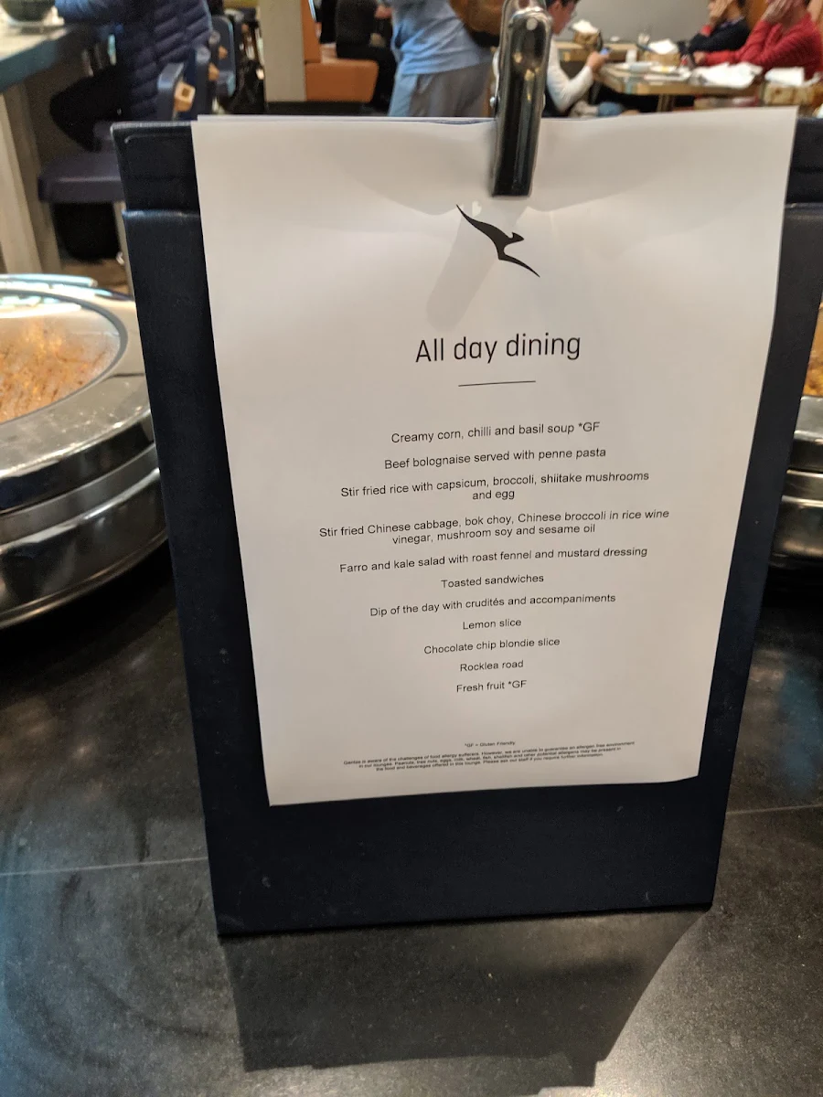 Menu, Qantas Domestic Business Lounge Melbourne
