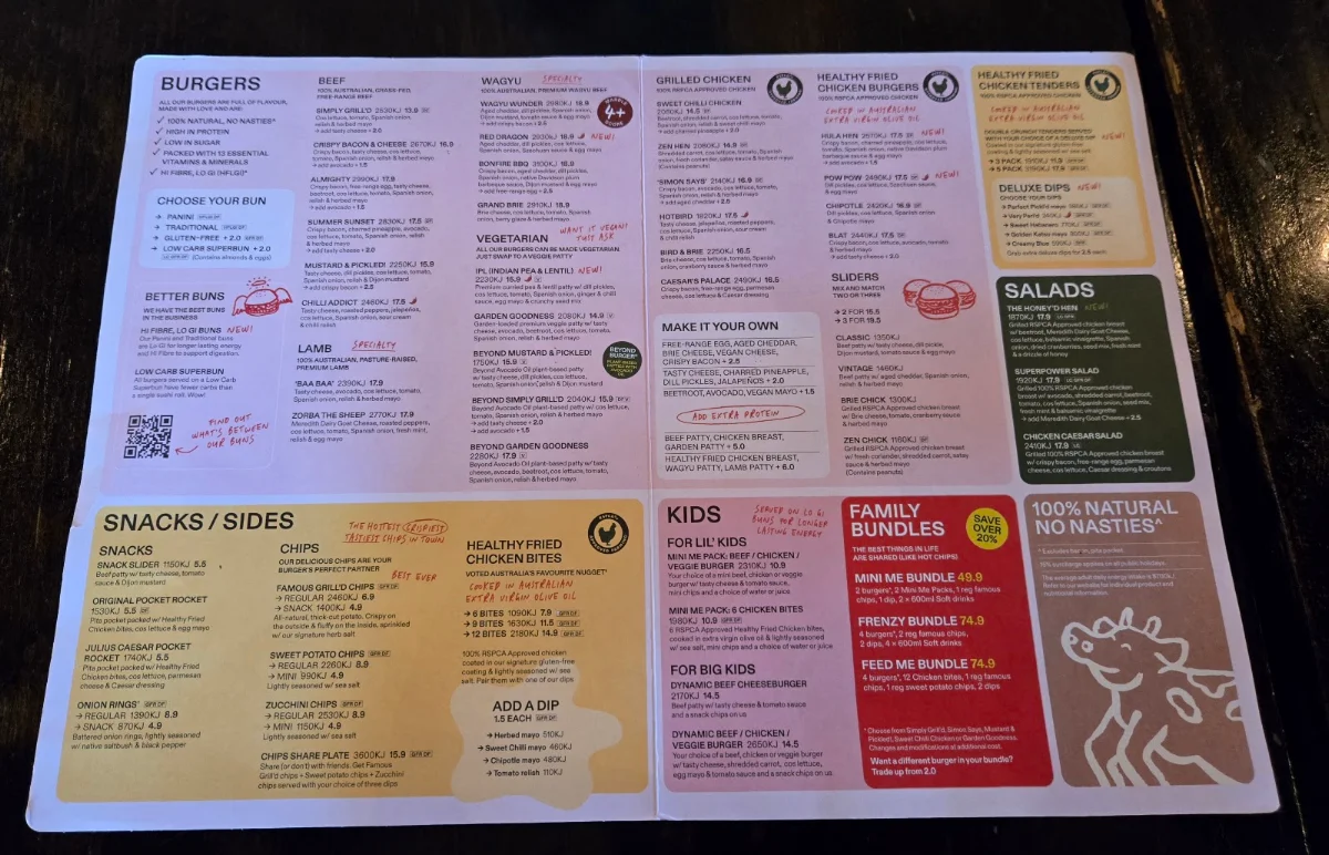 Menu, Grill'd Burgers - Miranda
