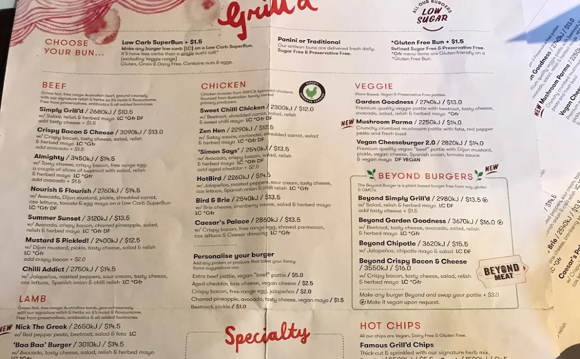 Menu, Grill'd Burgers - Miranda