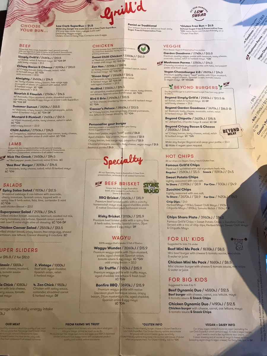 Menu, Grill'd Burgers - Miranda