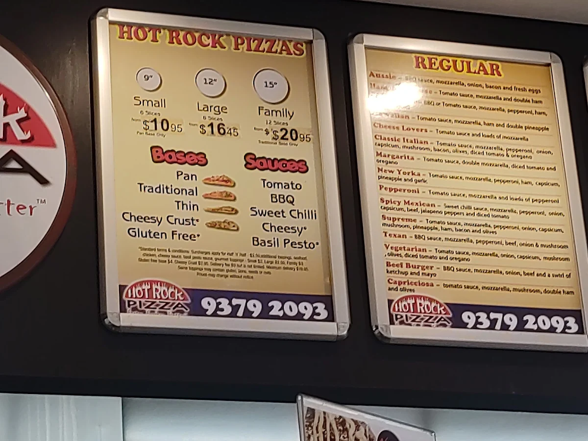 Menu, Hot Rock Pizza