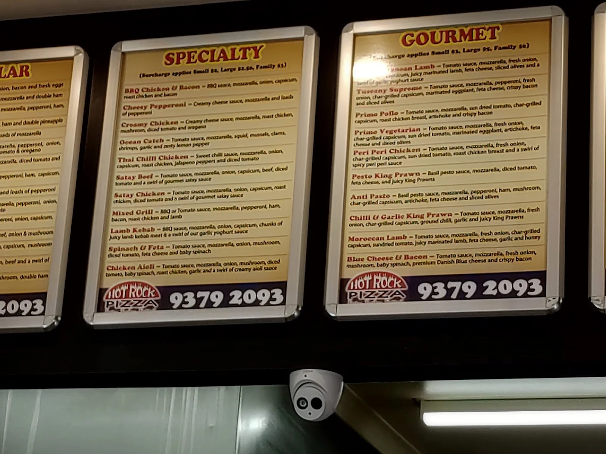 Menu, Hot Rock Pizza