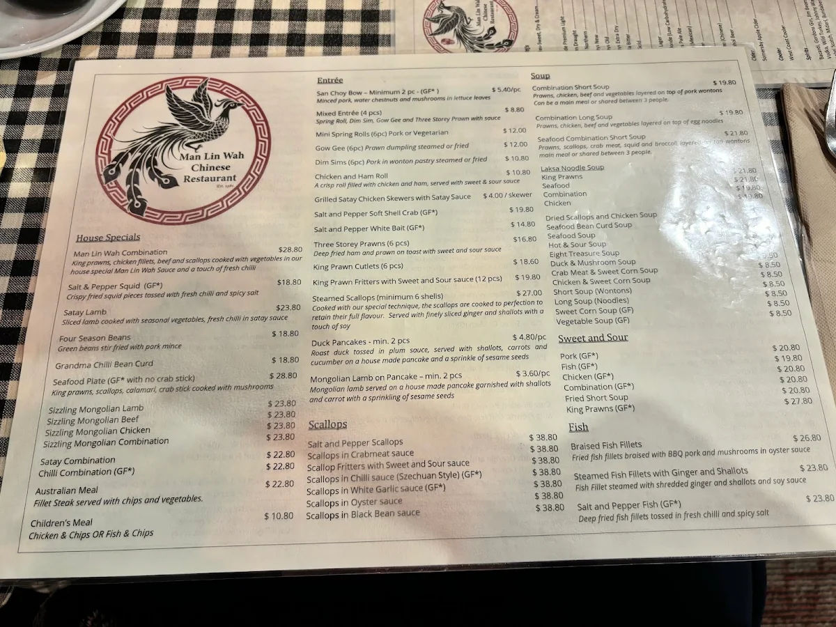 Menu, Man Lin Wah Chinese Restaurant
