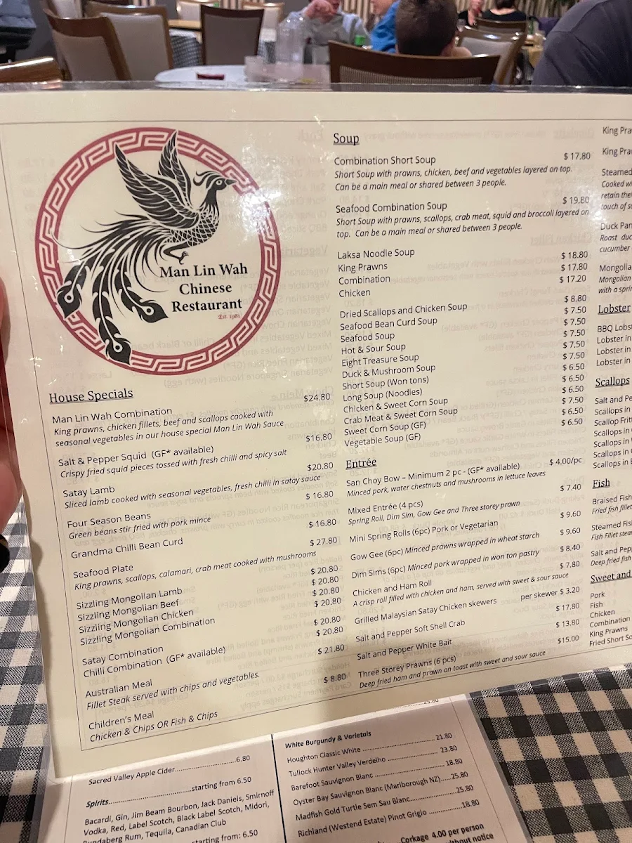Menu, Man Lin Wah Chinese Restaurant