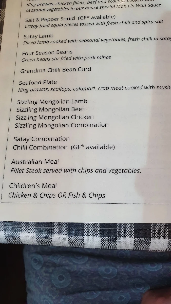 Menu, Man Lin Wah Chinese Restaurant