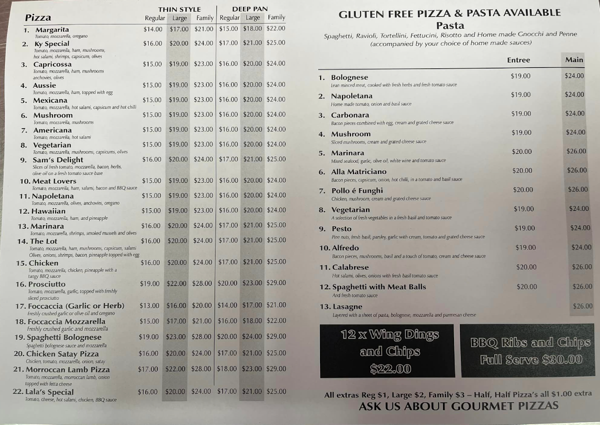 Menu, Kyabram Pizza & Pasta