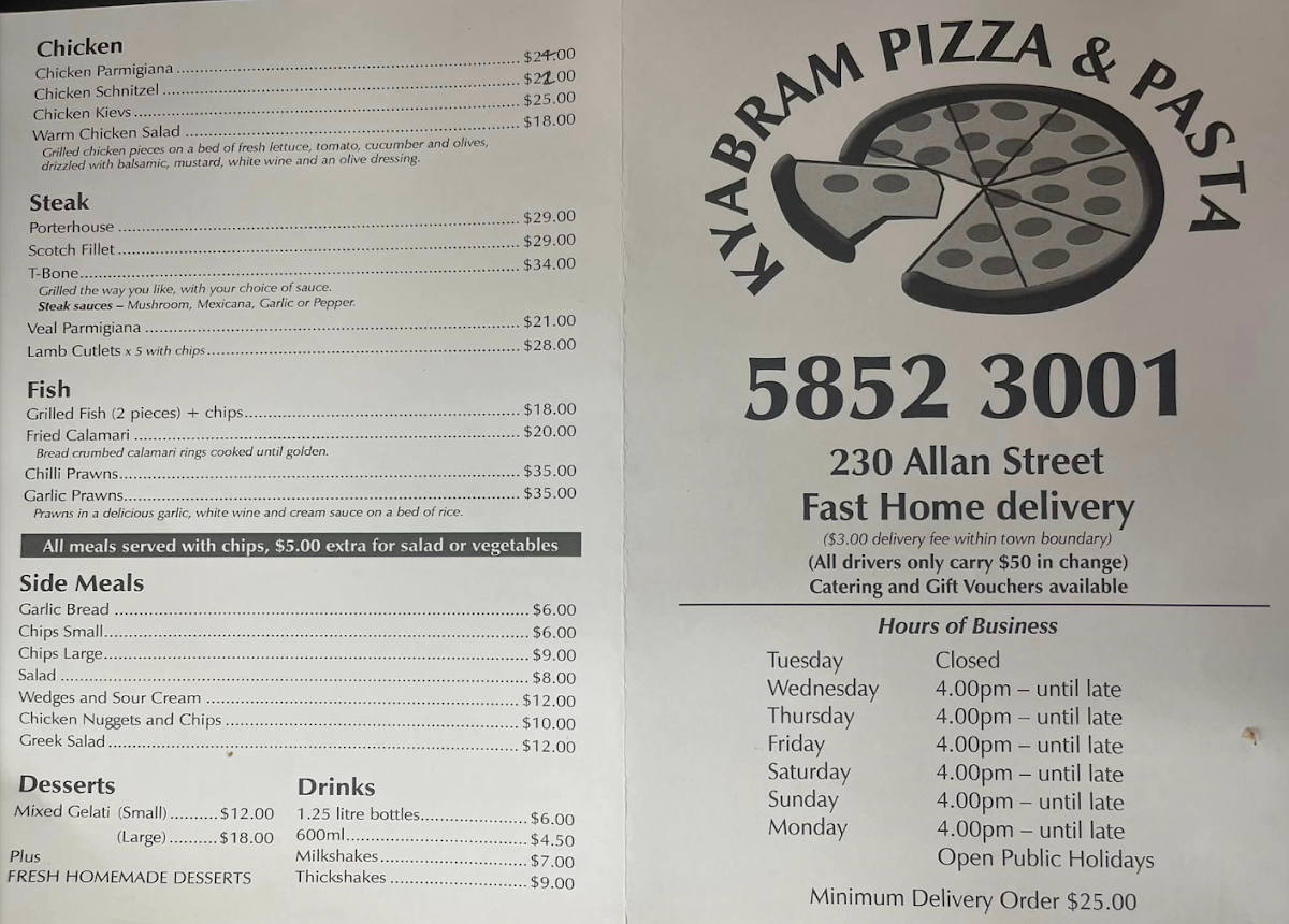 Menu, Kyabram Pizza & Pasta