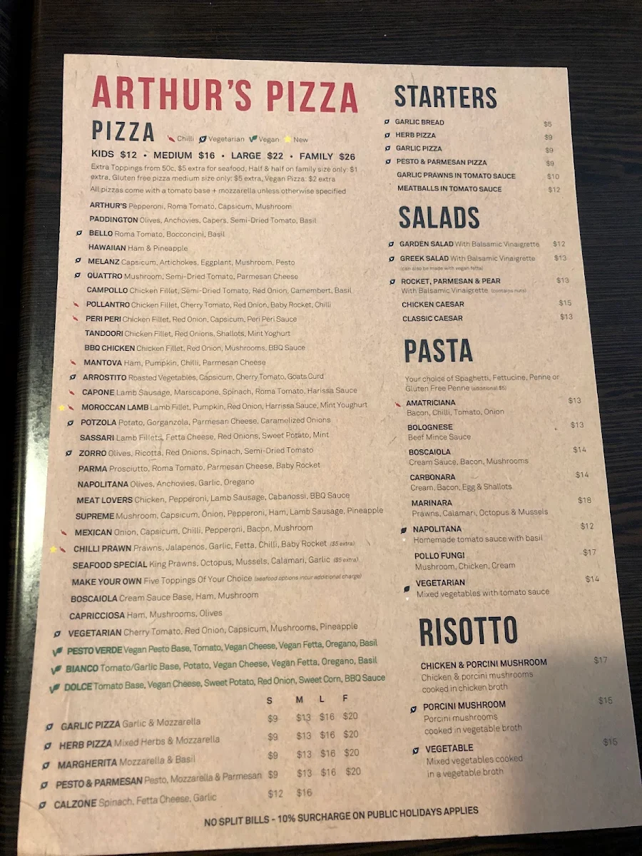 Menu, Arthur's Pizza Bexley