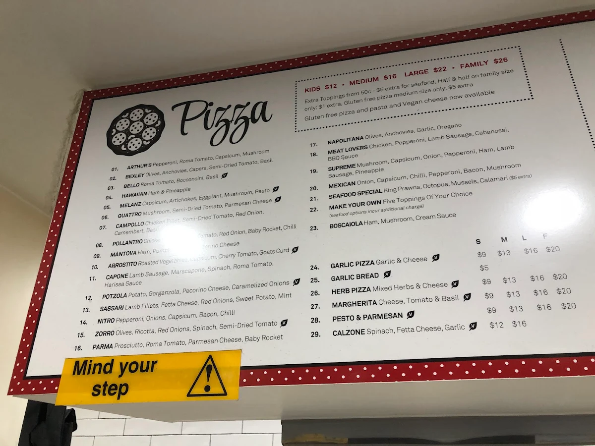 Menu, Arthur's Pizza Bexley