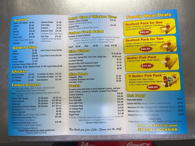 Menu, Forbes Fish and Chips Shop