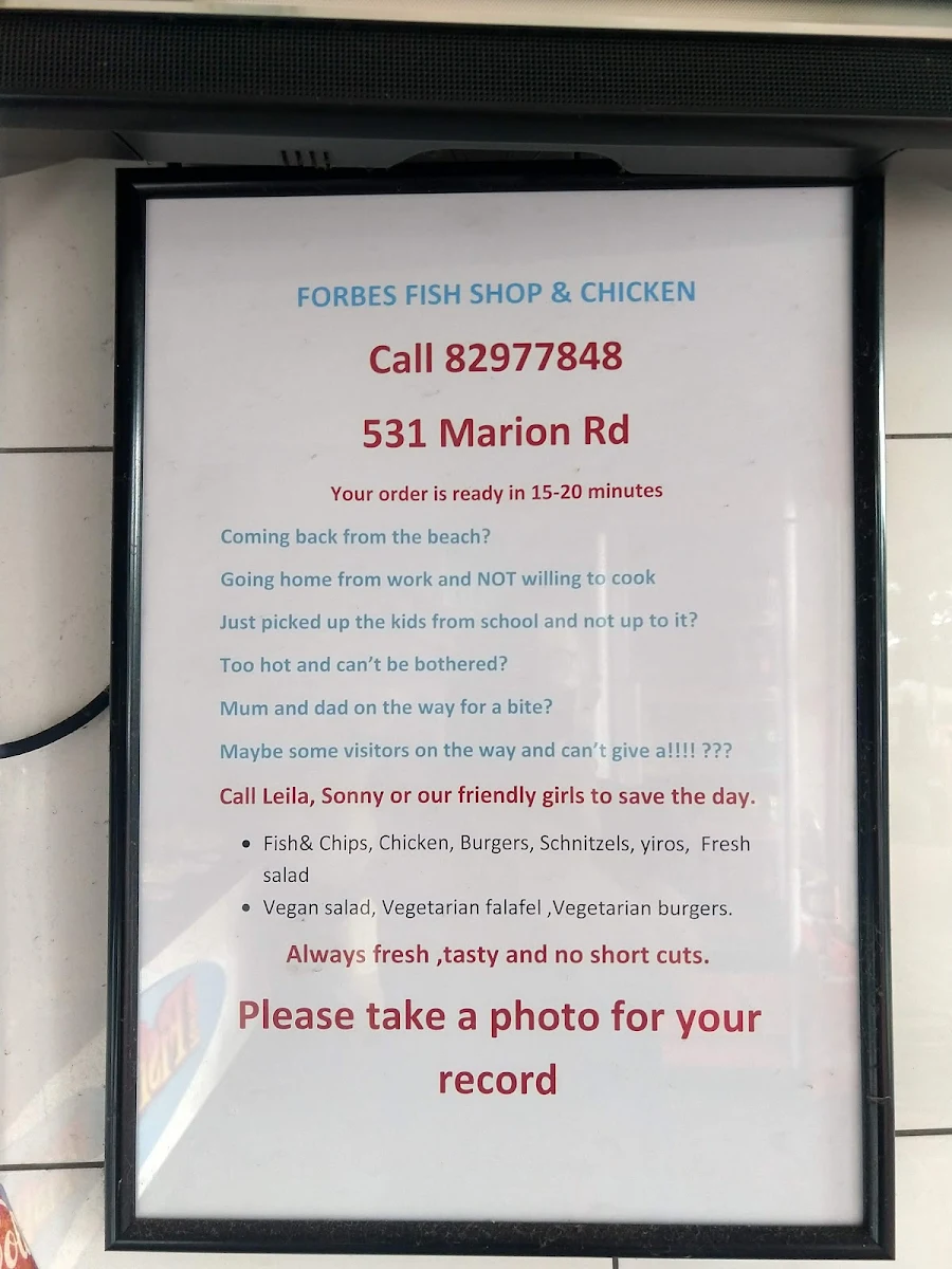 Menu, Forbes Fish and Chips Shop