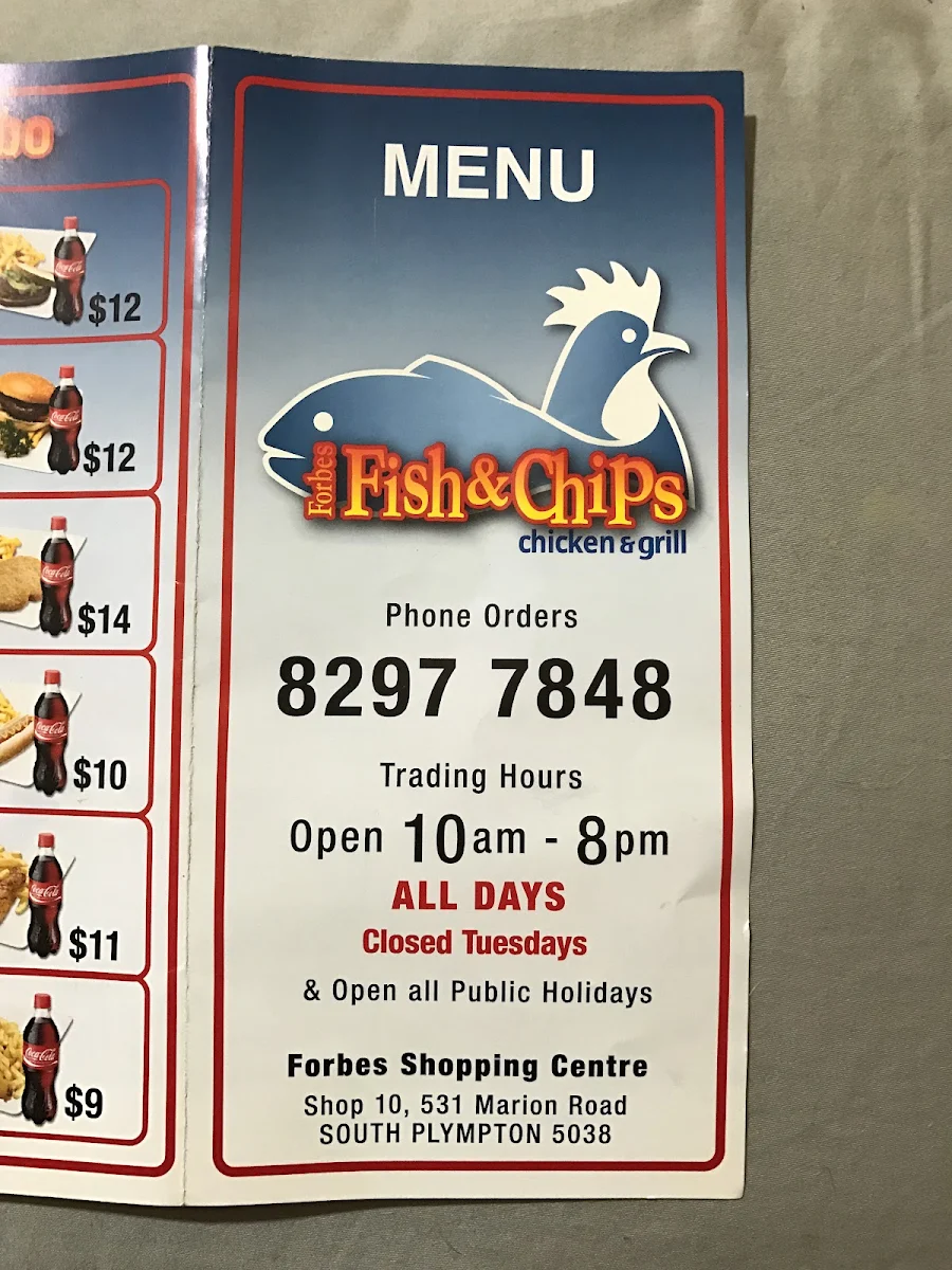 Menu, Forbes Fish and Chips Shop