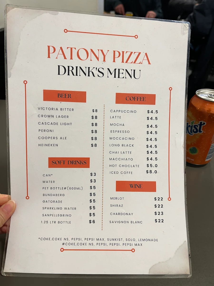 Menu, Patony Pizza